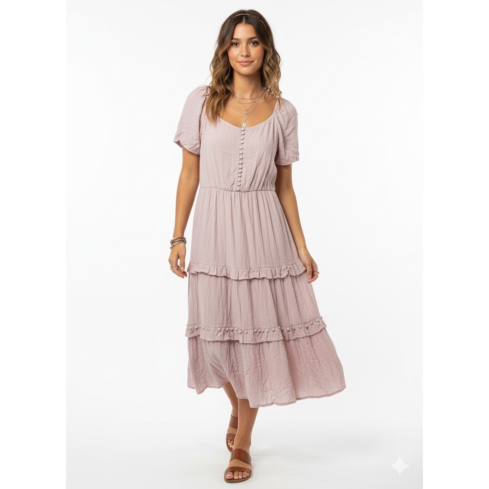 Lush Pink Tiered Short Sleeve Maxi Dress Large Boho Cottage Flowy Feminine NWT